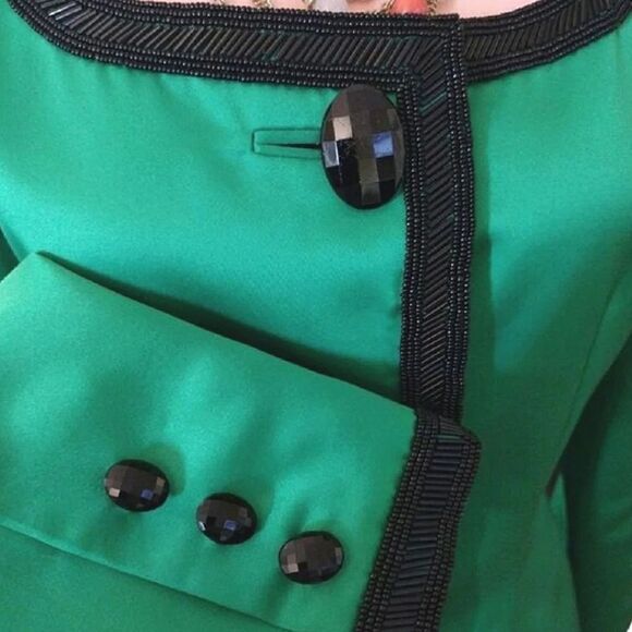 VTG 90s Della Roufogali Green Satin Black Embellished Designer Blazer Size 6 - Picture 6 of 11